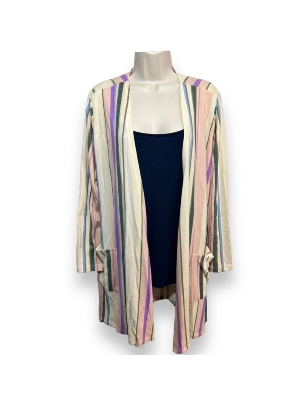 LULAROE Caroline Cardigan Cream with Multicolor Stripes Size Large